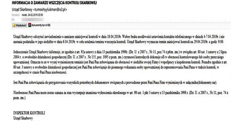 Uwaga! Fałszywe maile informujące o wszczęciu kontroli skarbowej! 