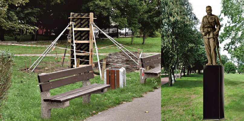 Prace przy budownie pomnika marszałka już trwają. Obok wizualizacja przestrzenną pomnika [za UM w Płońsku]