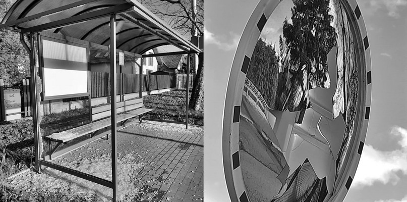 Zdewastowany nowy przystanek autobusowy, rozbite drogowe lustro - przykłady niestety można mnożyć (Fot. Ł.W.] 
