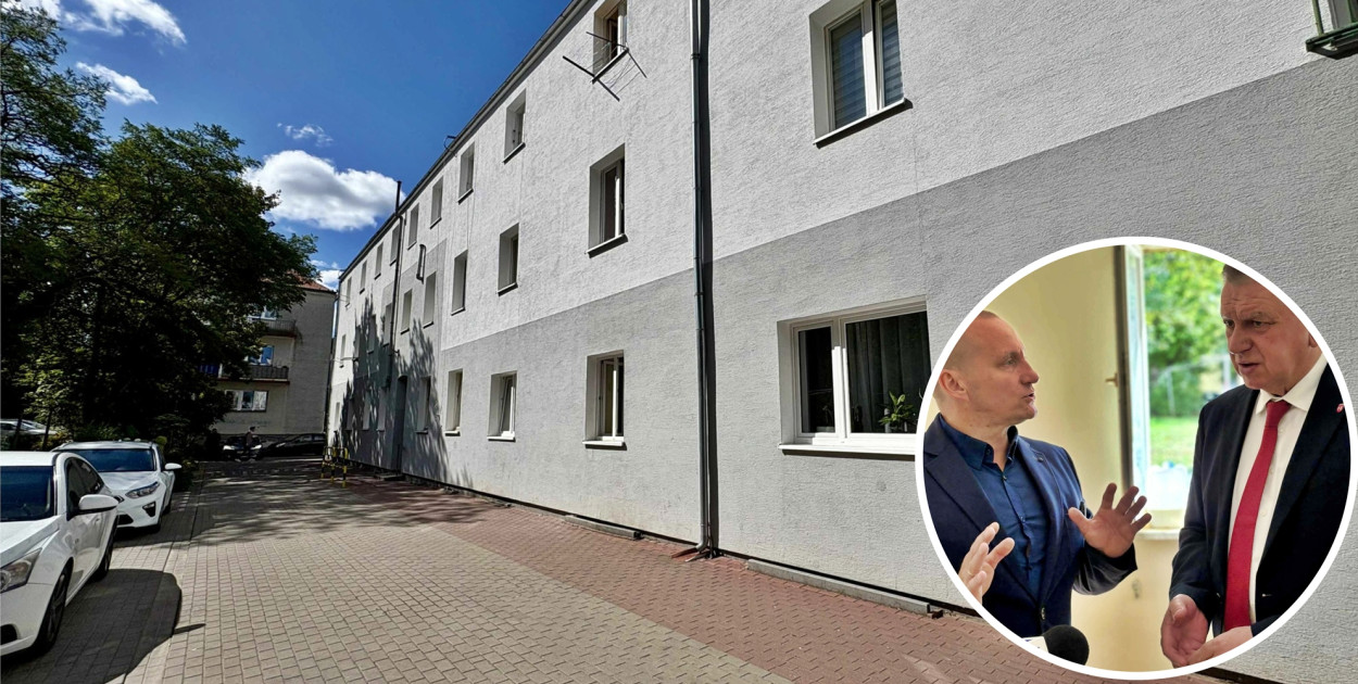 Mieszkanie wspomagane powstanie przy ulicy Grunwaldzkiej. Na zdjęciu, w lokalu przeznaczonym na ten cel, burmistrz Andrzej Pietrasik i kierownik MOPS Łukasz Gołębiewski [fot.: zbiory UM w Płońsku]