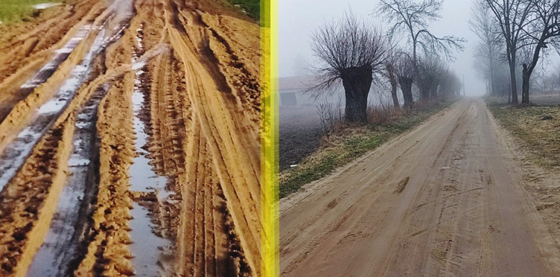 Z lewej zdjęcie drogi w Srebrnej zrobione przez mieszkańców. Z prawej wykonane przez Gminę kilka dni później 