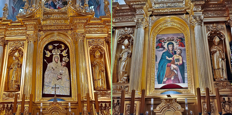 Z lewej obraz Matki Bożej Pocieszenia w ozdobnych szatach, z prawej w oryginale [fot.: Łukasz Wielechowski]