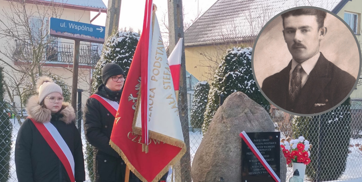 Zdjęcie z piątkowych uroczystości w Brodach. Na fotografii archiwalnej Leon Wosiński [fot.: Ł. Wielechowski/zbiory Pracowni Dokumentacji Dziejów Miasta Płońska] 