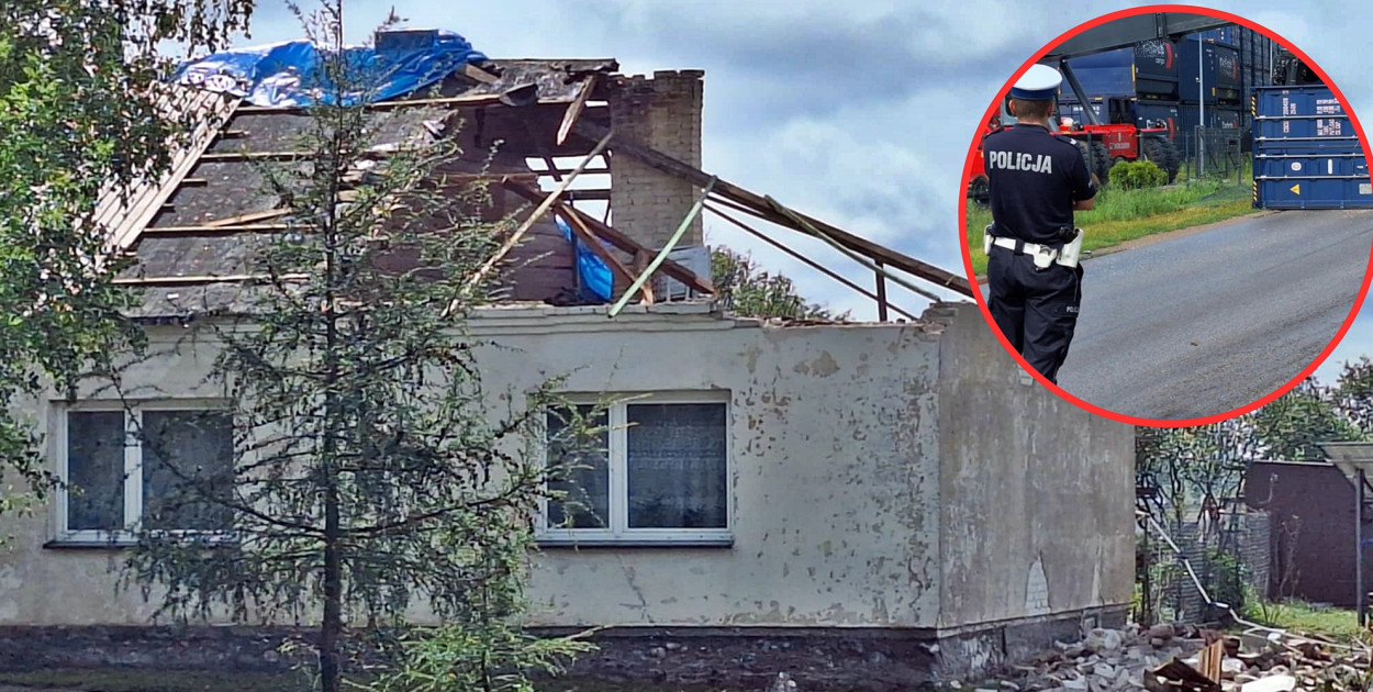 Zerwany dach domu w jednej z miejscowości w gminie Raciąż (Cieciersk). Nawałnica była tak silna, że na drogę w Raciążu zrzuciło kontener [fot.: Łukasz Wielechowski] 