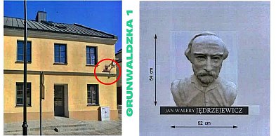 Popiersie Jędrzejewicza na ścianie budynku przy Grunwaldzkiej 1