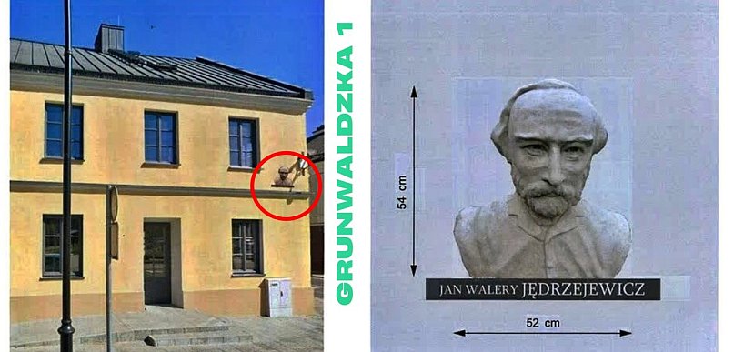 Popiersie Jędrzejewicza na ścianie budynku przy Grunwaldzkiej 1