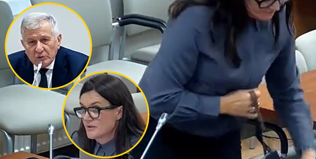 Radna Elżbieta Wiśniewska zniesmaczona opuszcza sesję rady powiatu. Kiedy wstała, dało się słyszeć: \'W Płońsku nie ma dla mnie pracy, tak mnie załatwiliście\'. Reakcja przewodniczącego rady była natychmiastowa [fot.: sesyjne screeny)