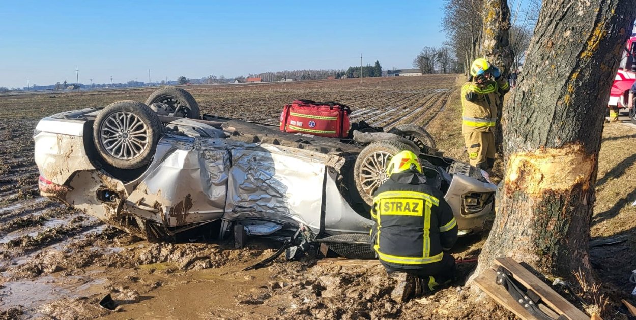 Ford uderzył w drzewo i dachował. Kierowca w szpitalu