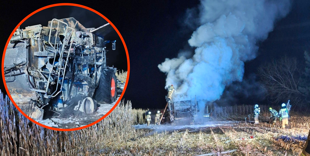 Nocny pożar kombajnu na polu w pobliskich Żelechach