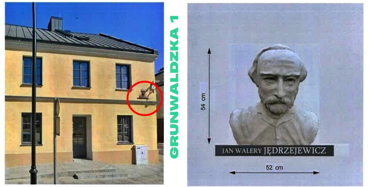 Popiersie Jędrzejewicza na ścianie budynku przy Grunwaldzkiej 1